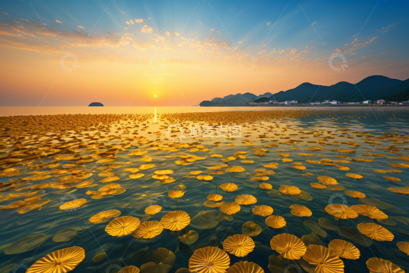 高清大图下载【趣麦麦图】湖面日出时的荷叶景观