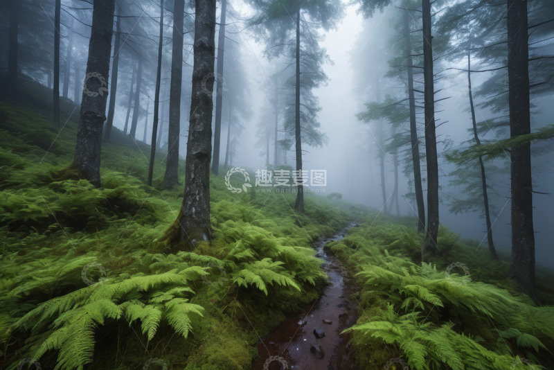 高清大图下载【趣麦麦图】迷雾笼罩的森林小径景观