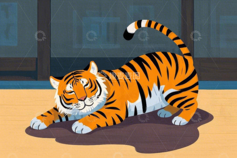 高清大图下载【趣麦麦图】室内趴着的卡通老虎插画