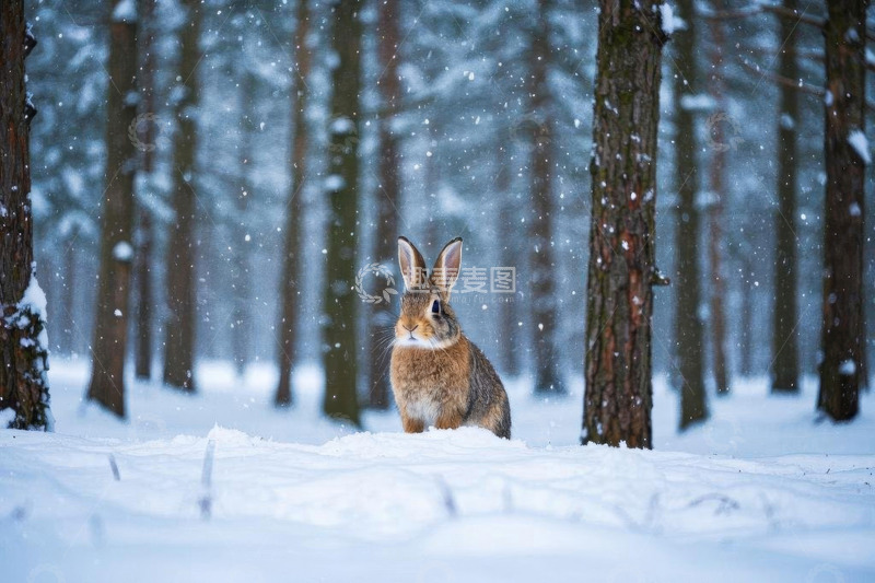 高清大图下载【趣麦麦图】雪地森林中的野兔