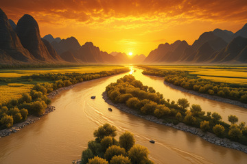 河流山川日落自然风光