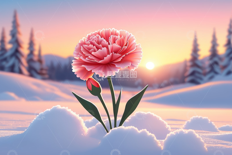 高清大图下载【趣麦麦图】雪地中的粉色康乃馨与落日