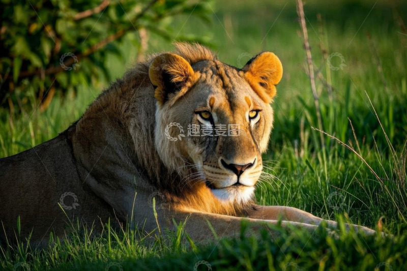 高清大图下载【趣麦麦图】草原上休憩的雄狮
