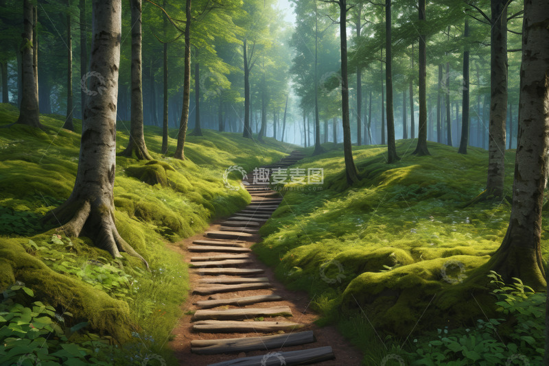 高清大图下载【趣麦麦图】森林中木栈道自然风光