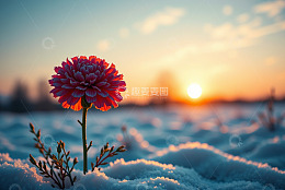 高清大图下载【趣麦麦图】雪地中绽放的花朵与落日景象