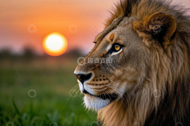 高清大图下载【趣麦麦图】夕阳下草原上的雄狮侧影