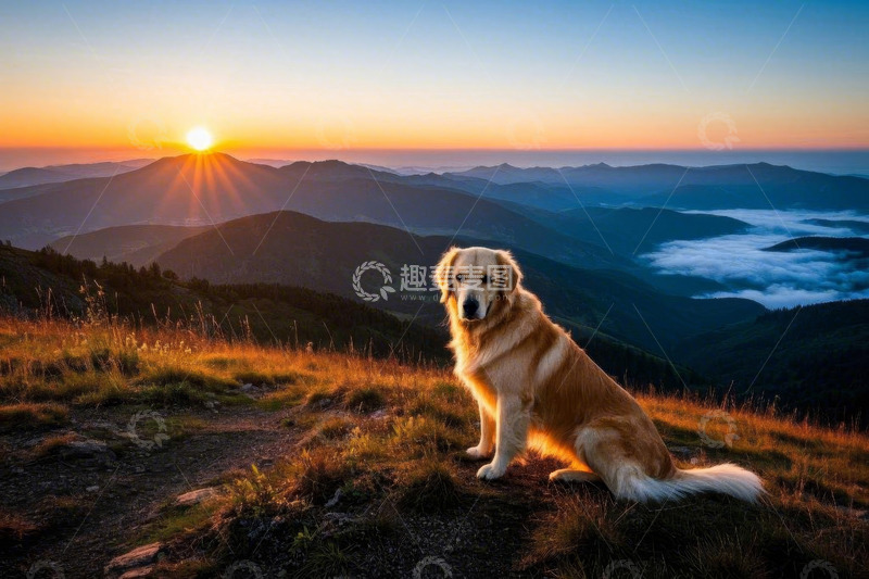 高清大图下载【趣麦麦图】山顶金毛犬沐浴在日出美景中