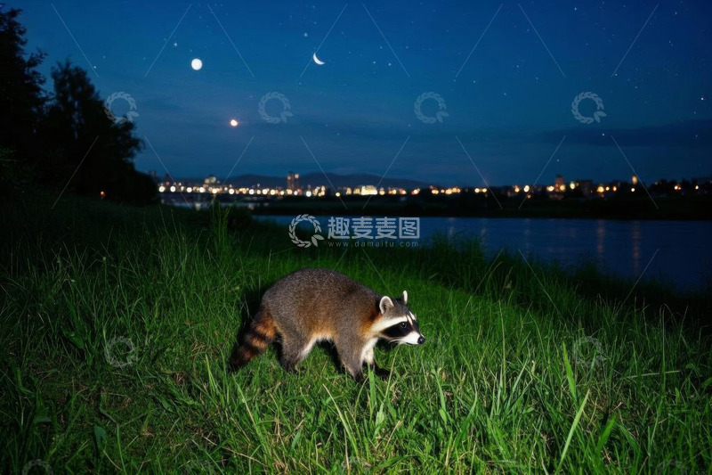 高清大图下载【趣麦麦图】夜晚草地上的浣熊