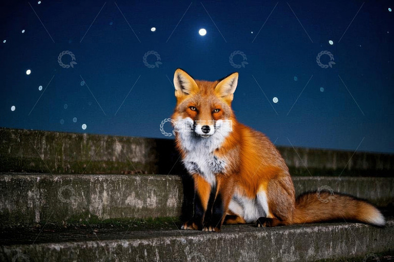 夜晚台阶上的狐狸