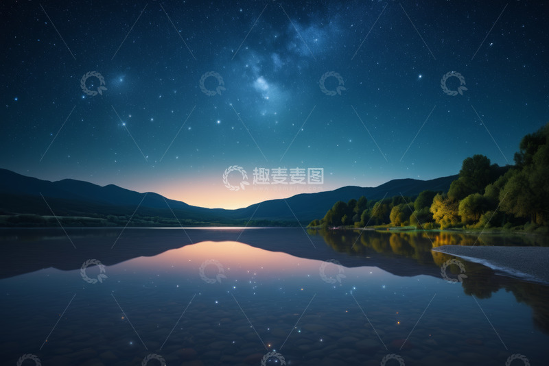 高清大图下载【趣麦麦图】星空下的湖泊与山峦景观