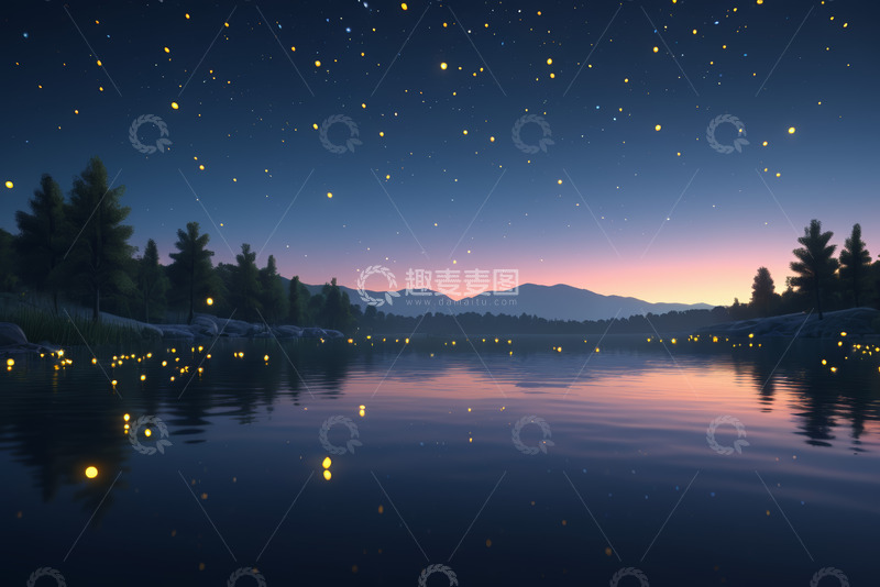 高清大图下载【趣麦麦图】湖畔星空夜景与萤火虫飞舞