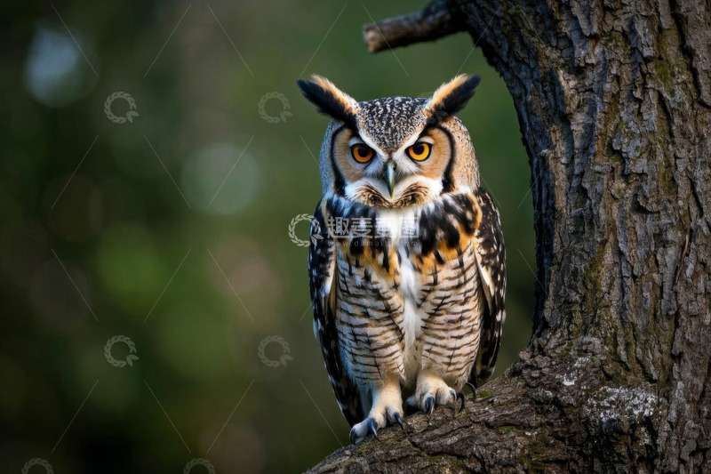 高清大图下载【趣麦麦图】栖息于树干上的猫头鹰