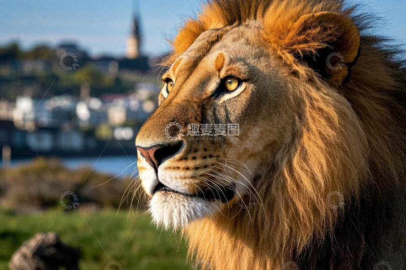 高清大图下载【趣麦麦图】雄狮特写与城市背景景观
