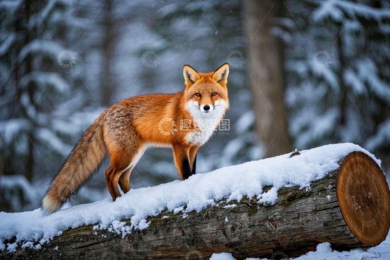 高清大图下载【趣麦麦图】雪林中站立的红狐狸