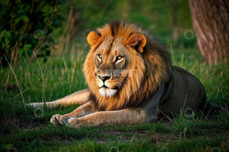 高清大图下载【趣麦麦图】草原上休憩的雄狮