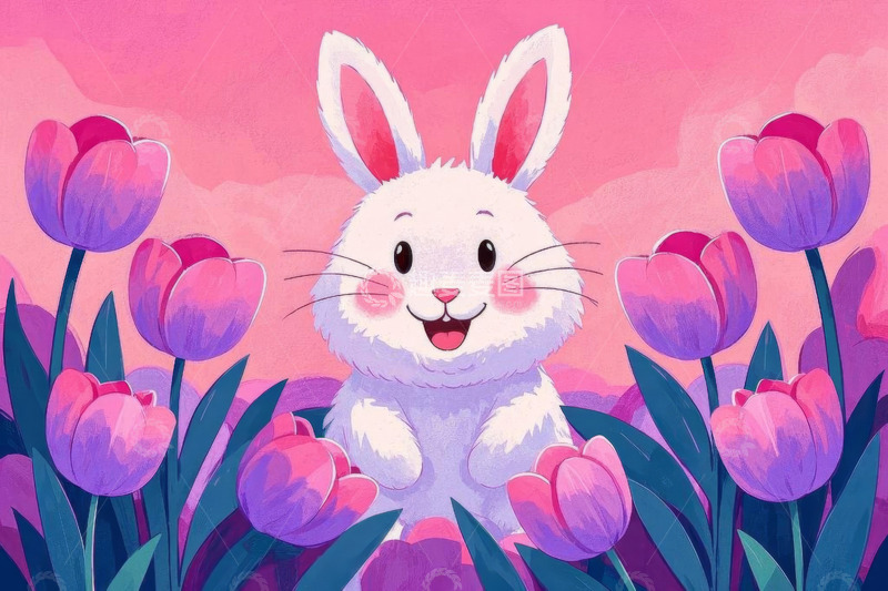 高清大图下载【趣麦麦图】花丛中的可爱兔子插画