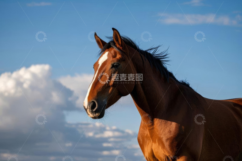 高清大图下载【趣麦麦图】蓝天白云下的棕色骏马