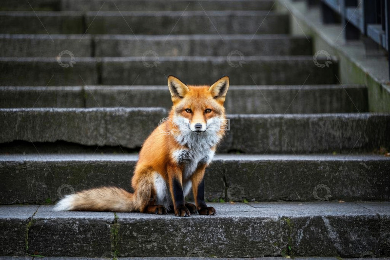 高清大图下载【趣麦麦图】台阶上坐着的红狐狸