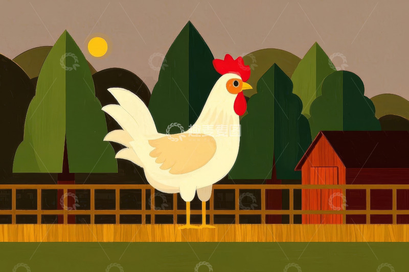 高清大图下载【趣麦麦图】农场中站立的公鸡插画