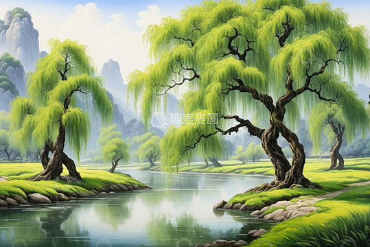 河边垂柳与山水风景