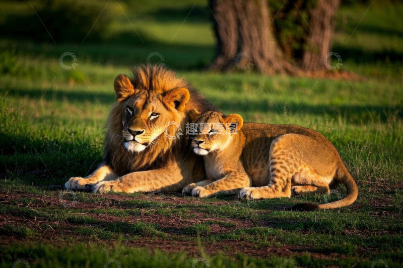 高清大图下载【趣麦麦图】草原上休憩的雄狮与幼狮