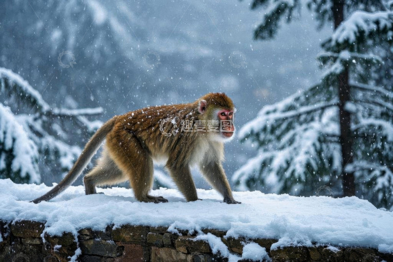 高清大图下载【趣麦麦图】雪中行走的猴子