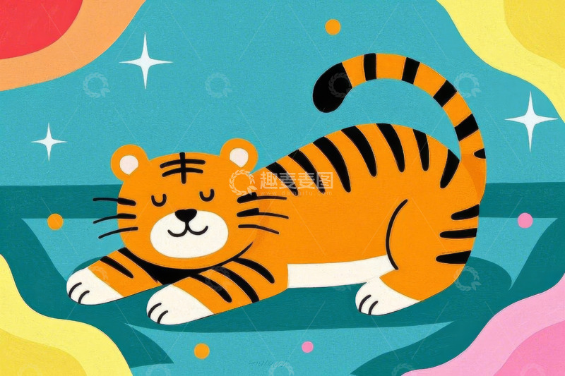 高清大图下载【趣麦麦图】卡通老虎休闲躺卧插画