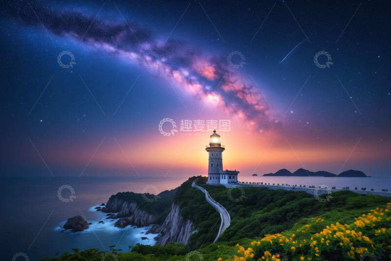 高清大图下载【趣麦麦图】海边悬崖灯塔星空夜景