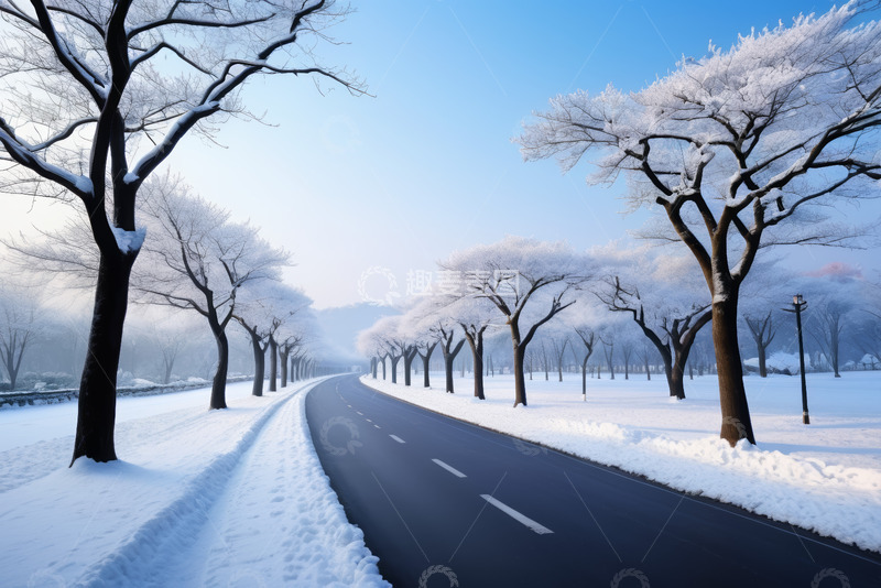 高清大图下载【趣麦麦图】冬日雪覆盖树木的道路景象