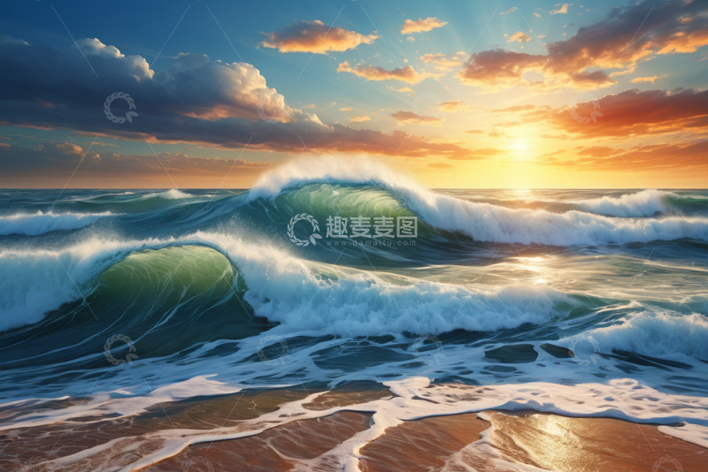 高清大图下载【趣麦麦图】海边日落海浪风景