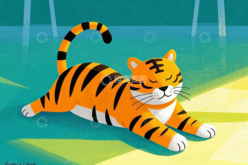高清大图下载【趣麦麦图】卡通老虎伸展姿态插画