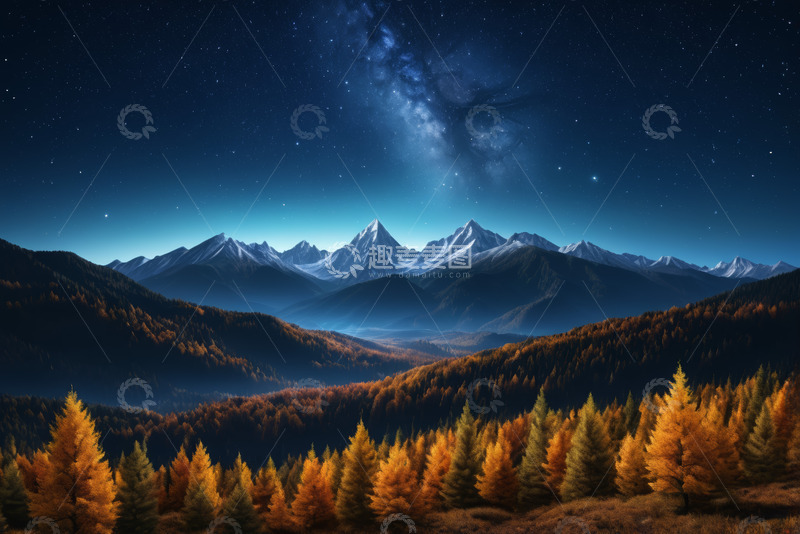 高清大图下载【趣麦麦图】星空下的山林与雪山景观