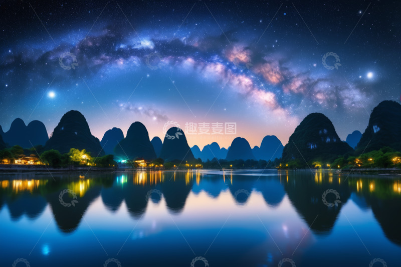高清大图下载【趣麦麦图】阳朔漓江夜景星空山水风光