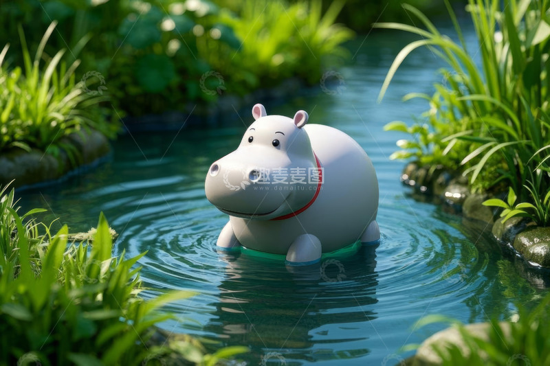 高清大图下载【趣麦麦图】小河中漂浮的河马玩偶