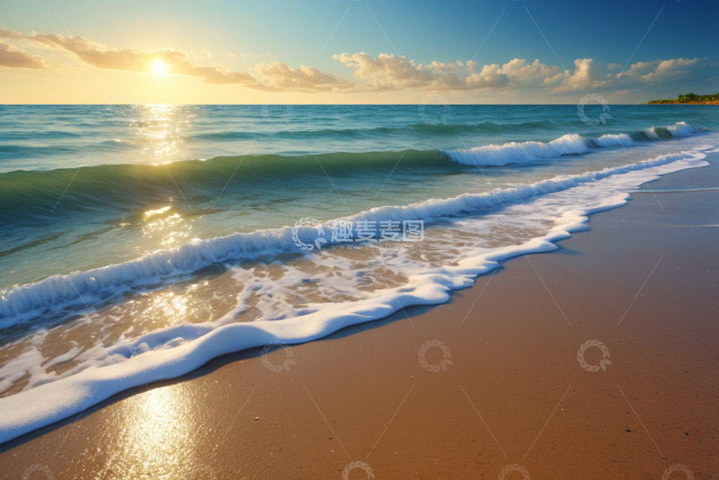 高清大图下载【趣麦麦图】海滩海浪与落日景象