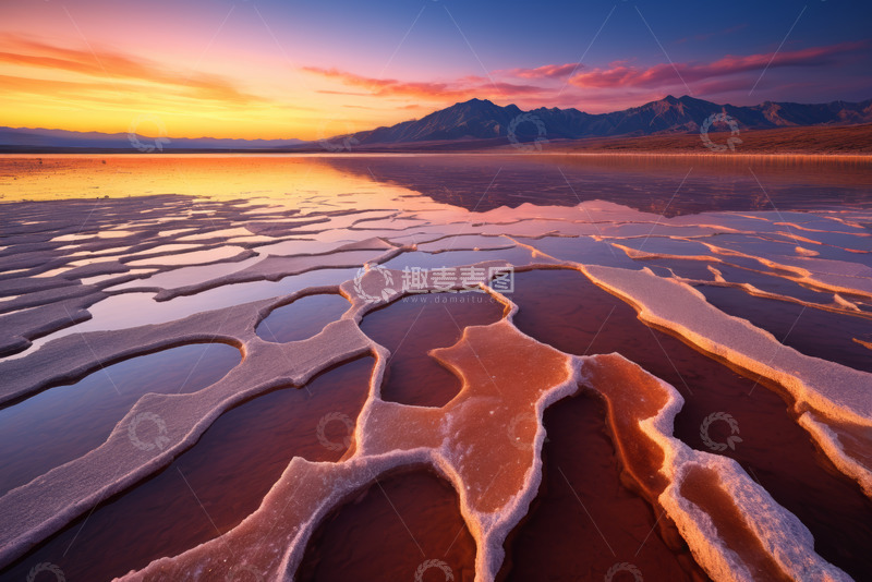 高清大图下载【趣麦麦图】日落时分盐湖与山脉景观