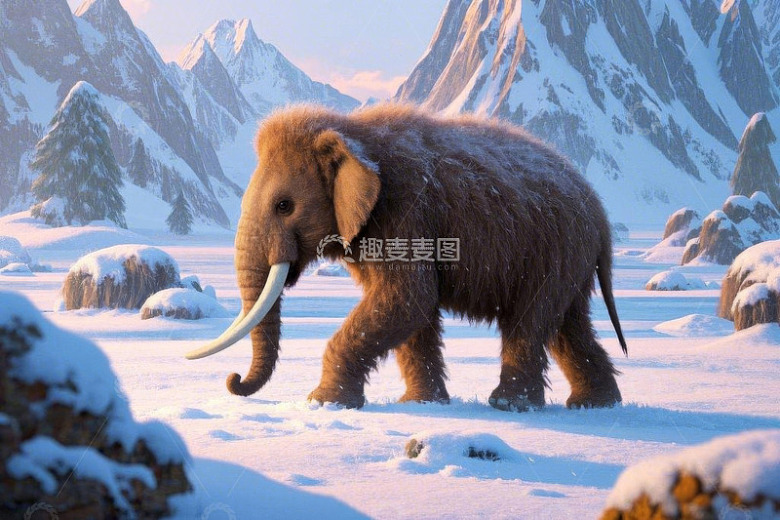 雪地中行走的猛犸象