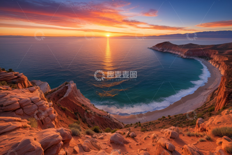 高清大图下载【趣麦麦图】海岸边日落时分壮丽景色
