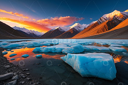 雪山下的冰湖与浮冰景观