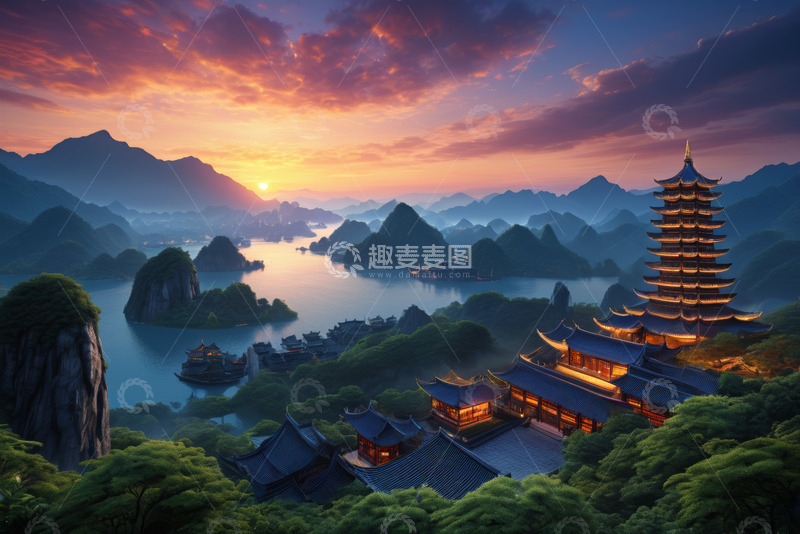 高清大图下载【趣麦麦图】山水间古建筑群日落景观