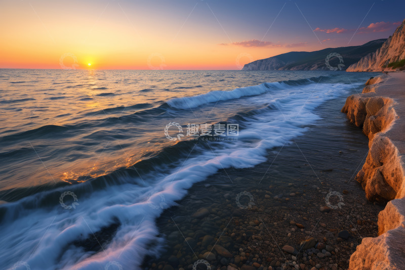 高清大图下载【趣麦麦图】海边日落时分的海浪与礁石