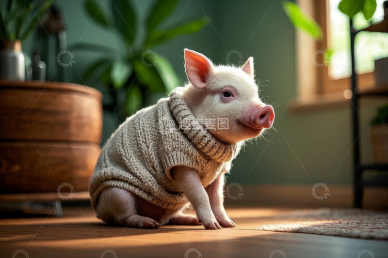 高清大图下载【趣麦麦图】穿毛衣的小猪室内可爱模样