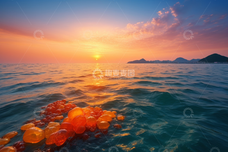 高清大图下载【趣麦麦图】海上日出与海面橙色物体景观