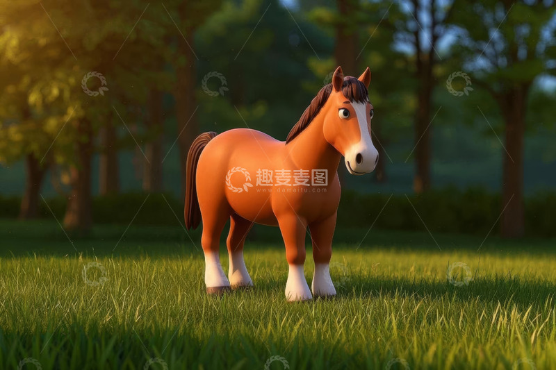 高清大图下载【趣麦麦图】草地上的卡通马形象素材