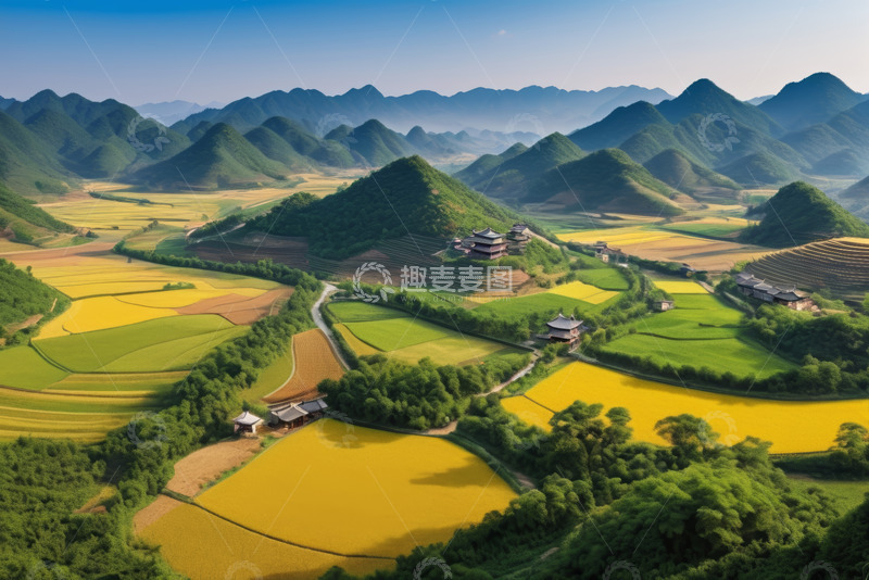 高清大图下载【趣麦麦图】山间农田与古建筑全景
