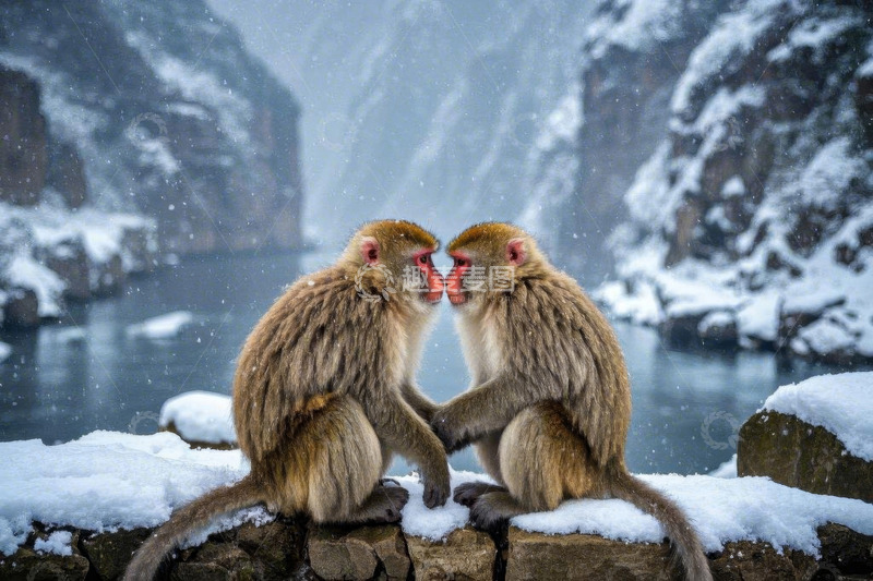 高清大图下载【趣麦麦图】雪天河畔亲昵的两只猴子
