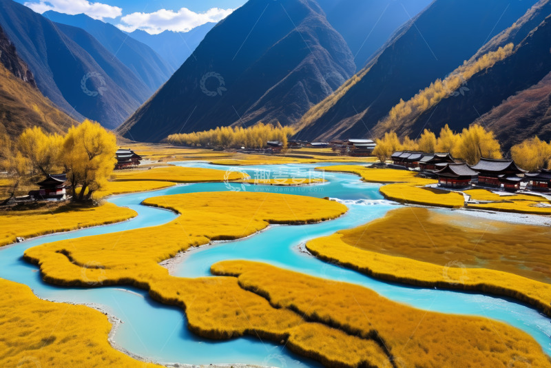 高清大图下载【趣麦麦图】山间蓝河与金黄草地风景