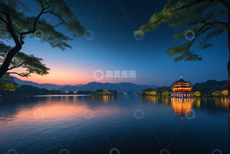 高清大图下载【趣麦麦图】杭州西湖夜色景观