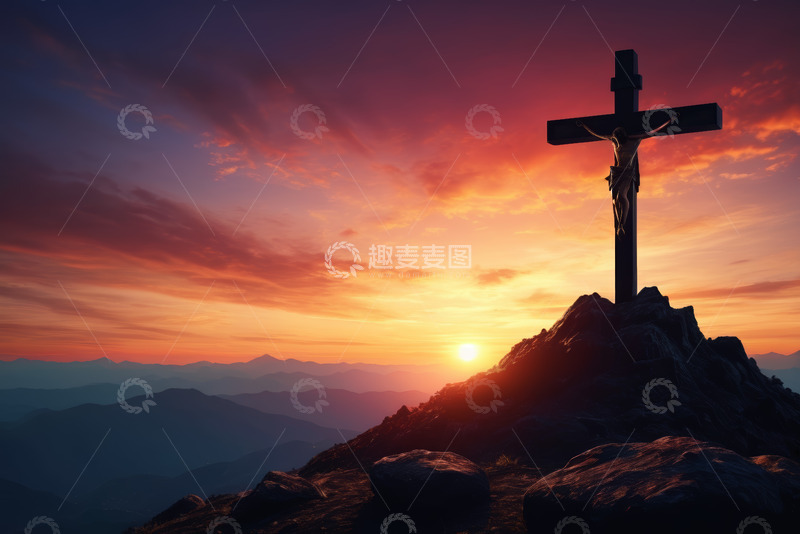 高清大图下载【趣麦麦图】山顶夕阳下的十字架景观