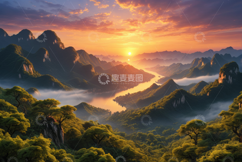 高清大图下载【趣麦麦图】山水间日出全景